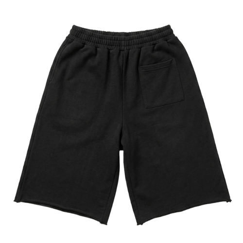 Black wide-leg sweat shorts with an elastic waistband and a side pocket, shown flat on a white background.