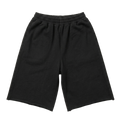 Black sweat shorts with an elastic waistband, photographed flat against a solid white background.