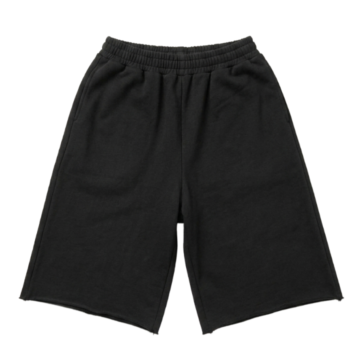 Black sweat shorts with an elastic waistband, photographed flat against a solid white background.