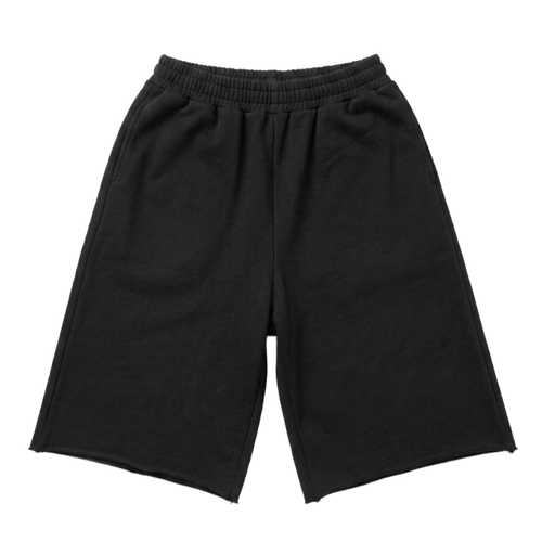 Black sweat shorts with an elastic waistband, photographed flat against a solid white background.