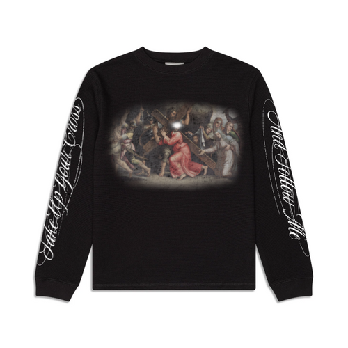 BLACK CROSS THERMAL featuring a waffle design, oversized fit, and organic cotton for comfort.