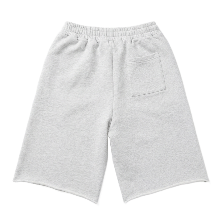 Light gray heathered sweat shorts with an elastic waistband and a side pocket, shown flat on a white background.