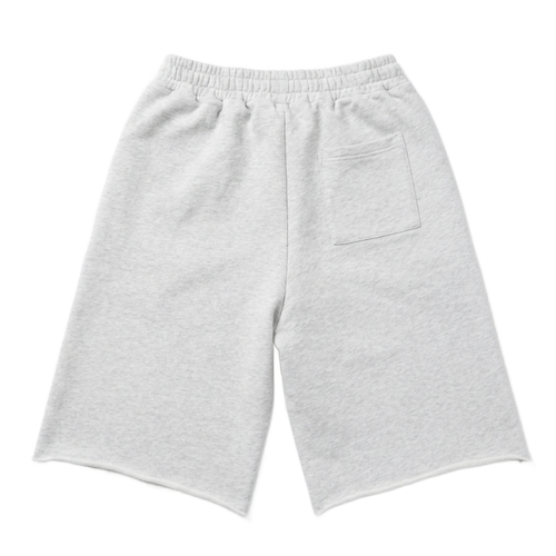 Light gray heathered sweat shorts with an elastic waistband and a side pocket, shown flat on a white background.