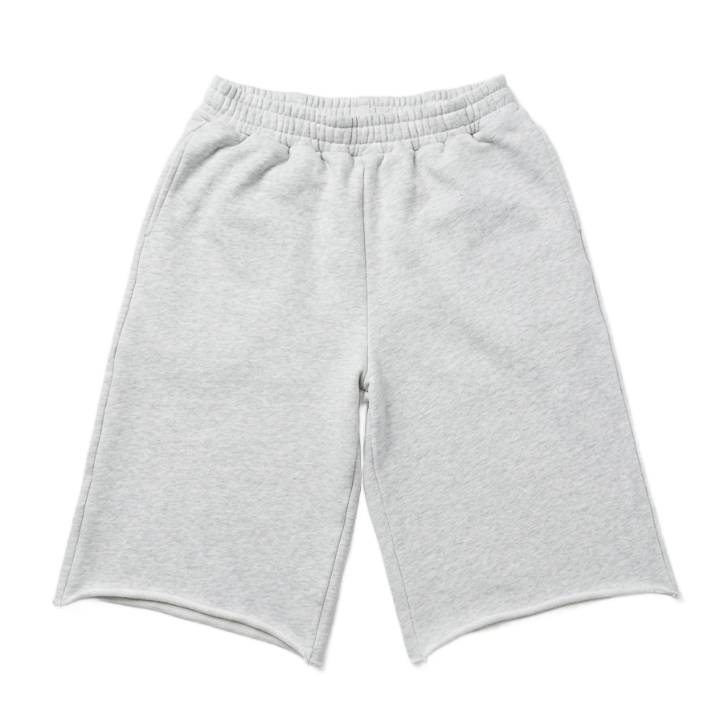Light gray heathered sweat shorts with an elastic waistband, displayed flat against a solid white background.