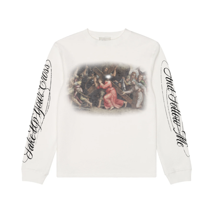 WHITE CROSS THERMAL long sleeve shirt featuring a classic artwork print on the front and artistic text on the sleeves.
