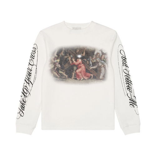 WHITE CROSS THERMAL long sleeve shirt featuring a classic artwork print on the front and artistic text on the sleeves.